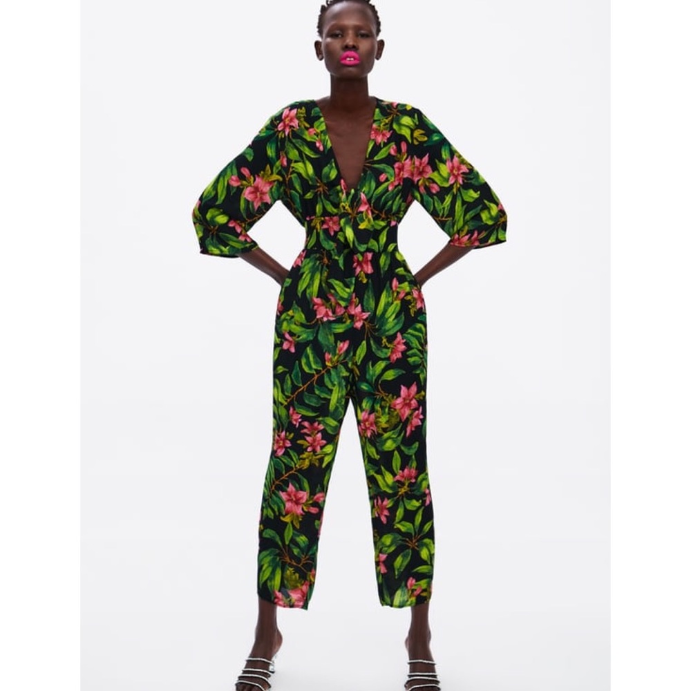 ZARA Tropical Print Jumpsuit Black,  Green, Pink Hibiscus - Picture 4 of 13